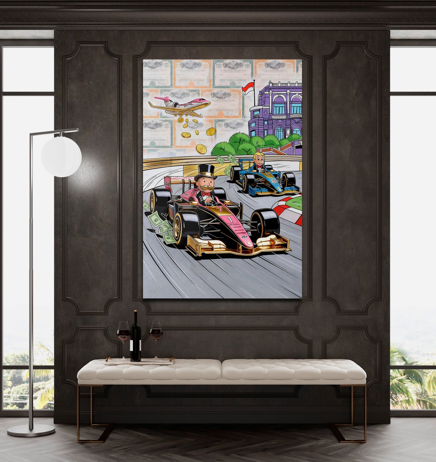 Alec Monopoly Luxury Racing Acrylic Wall Art Modern Money Print Supercar Racing Artwork High Gloss Acrylic Canvas Office Wall Decor