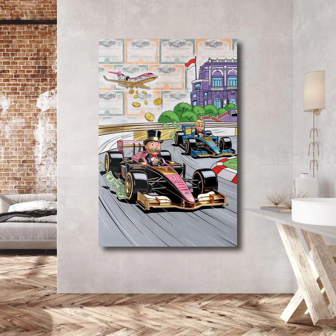 Alec Monopoly Luxury Racing Acrylic Wall Art Modern Money Print Supercar Racing Artwork High Gloss Acrylic Canvas Office Wall Decor
