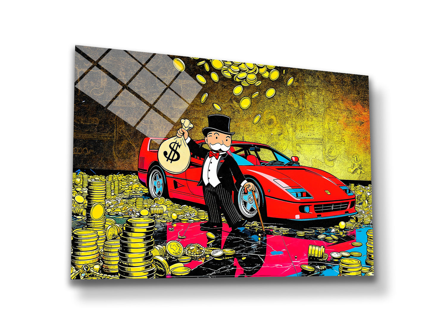 Monopoly Art /Luxury Wealth Canvas Wall Art – Rich Tycoon with Red Sports Car & Gold Coins | Modern Pop Art Statement Decor