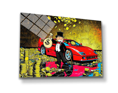 Monopoly Art /Luxury Wealth Canvas Wall Art – Rich Tycoon with Red Sports Car & Gold Coins | Modern Pop Art Statement Decor