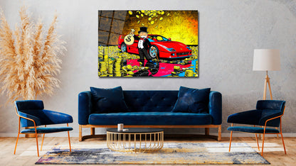 Monopoly Art /Luxury Wealth Canvas Wall Art – Rich Tycoon with Red Sports Car & Gold Coins | Modern Pop Art Statement Decor
