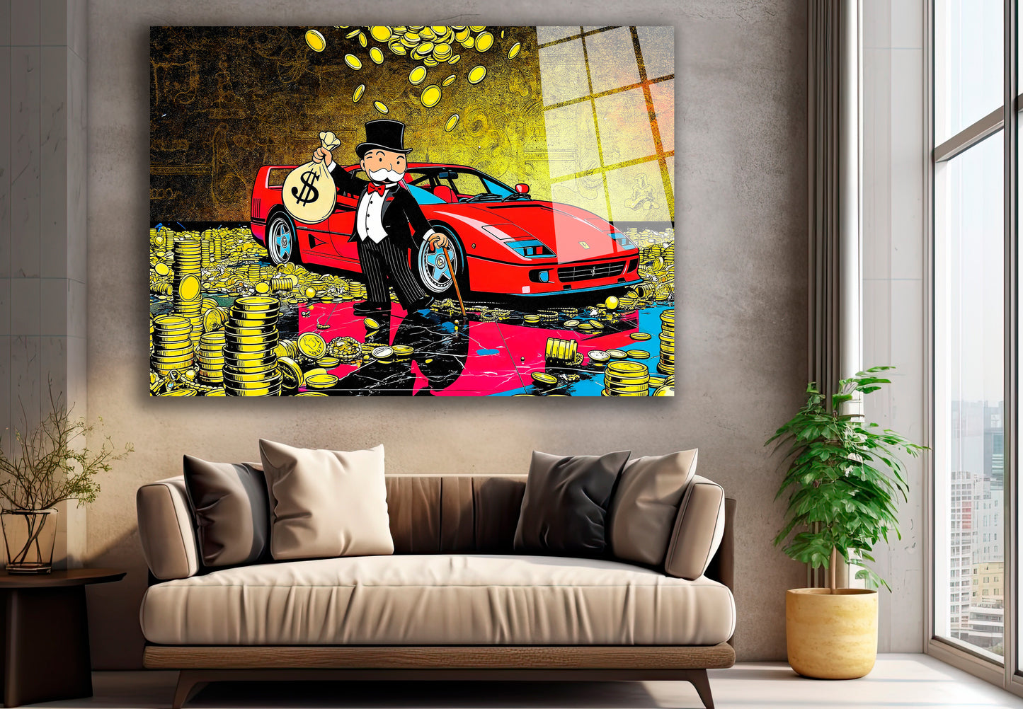 Monopoly Art /Luxury Wealth Canvas Wall Art – Rich Tycoon with Red Sports Car & Gold Coins | Modern Pop Art Statement Decor