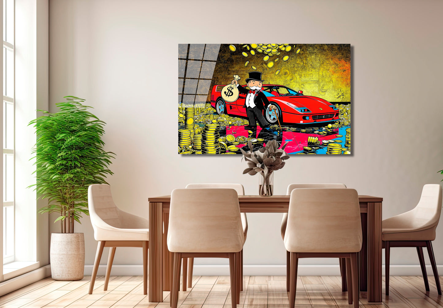 Monopoly Art /Luxury Wealth Canvas Wall Art – Rich Tycoon with Red Sports Car & Gold Coins | Modern Pop Art Statement Decor