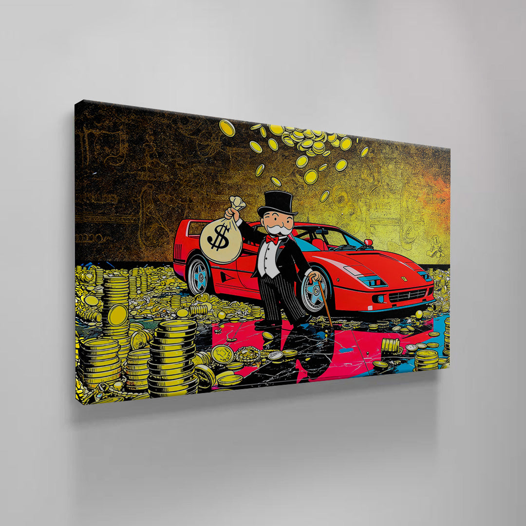 Monopoly Art /Luxury Wealth Canvas Wall Art – Rich Tycoon with Red Sports Car & Gold Coins | Modern Pop Art Statement Decor