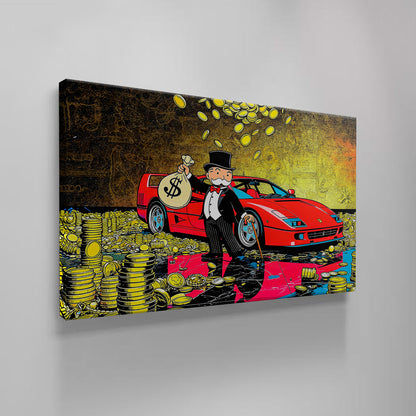 Monopoly Art /Luxury Wealth Canvas Wall Art – Rich Tycoon with Red Sports Car & Gold Coins | Modern Pop Art Statement Decor