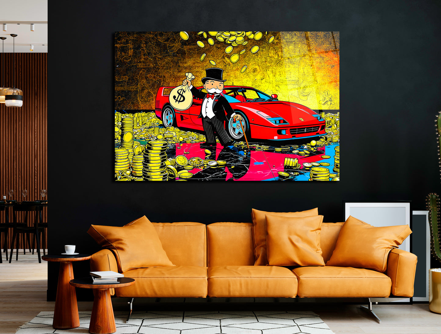 Monopoly Art /Luxury Wealth Canvas Wall Art – Rich Tycoon with Red Sports Car & Gold Coins | Modern Pop Art Statement Decor