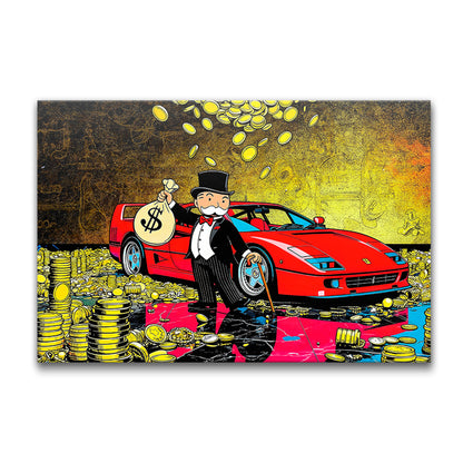 Monopoly Art /Luxury Wealth Canvas Wall Art – Rich Tycoon with Red Sports Car & Gold Coins | Modern Pop Art Statement Decor