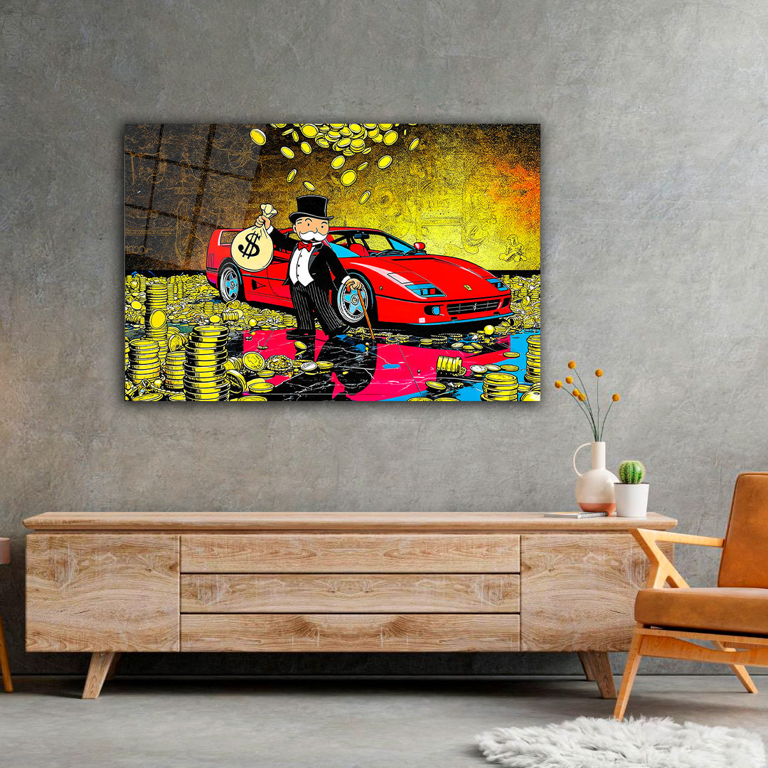 Monopoly Art /Luxury Wealth Canvas Wall Art – Rich Tycoon with Red Sports Car & Gold Coins | Modern Pop Art Statement Decor