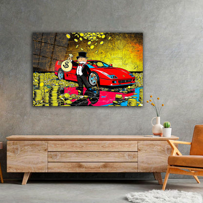Monopoly Art /Luxury Wealth Canvas Wall Art – Rich Tycoon with Red Sports Car & Gold Coins | Modern Pop Art Statement Decor