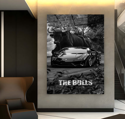 The Bulls motivational inspirational wall art, Lamborghini and the Bull black canvas luxury poster.