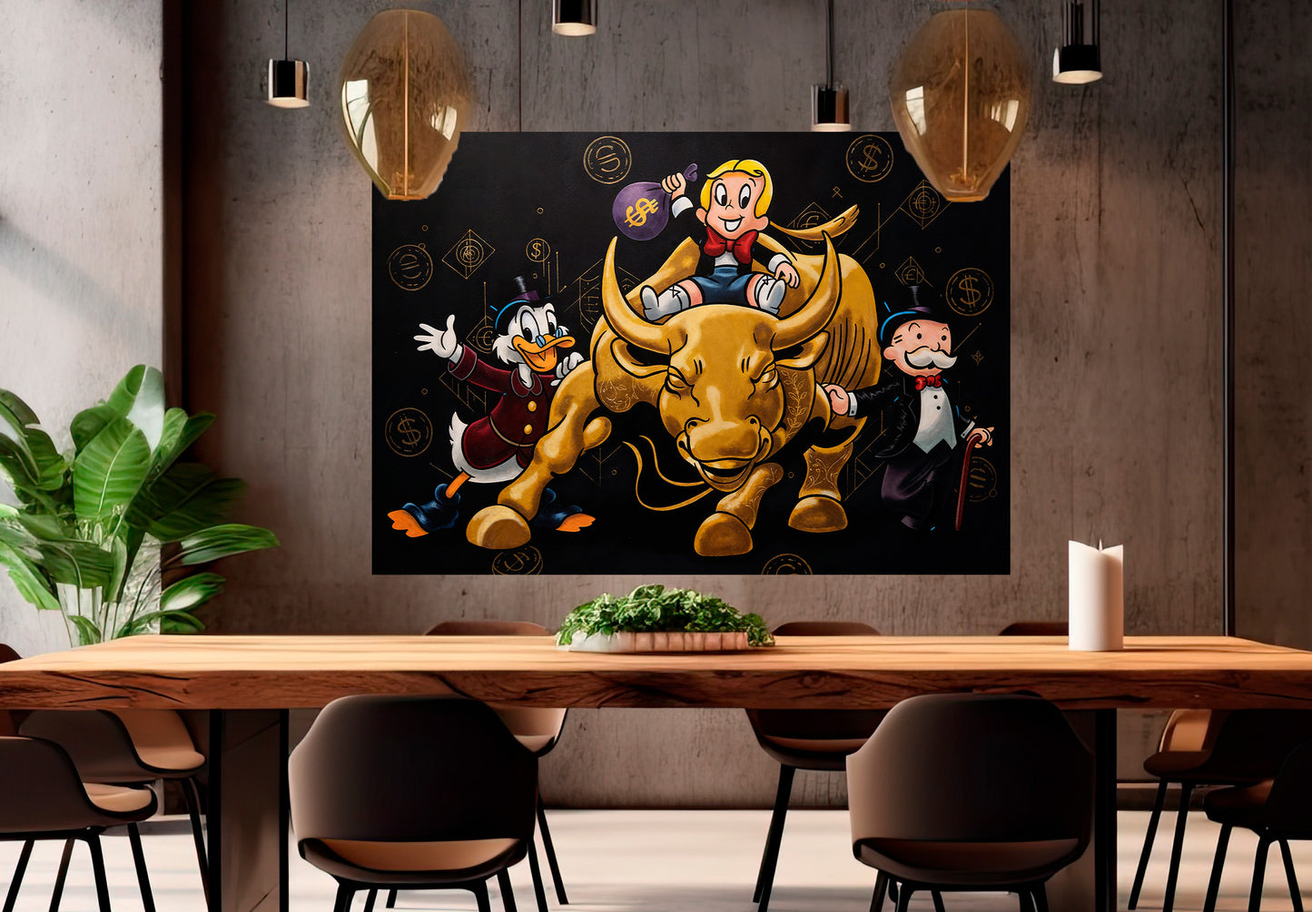 Alec Monopoly Gold Trading Bull Luxury Trading Wall Art, Modern Money Print Canvas, Office Wall Decor