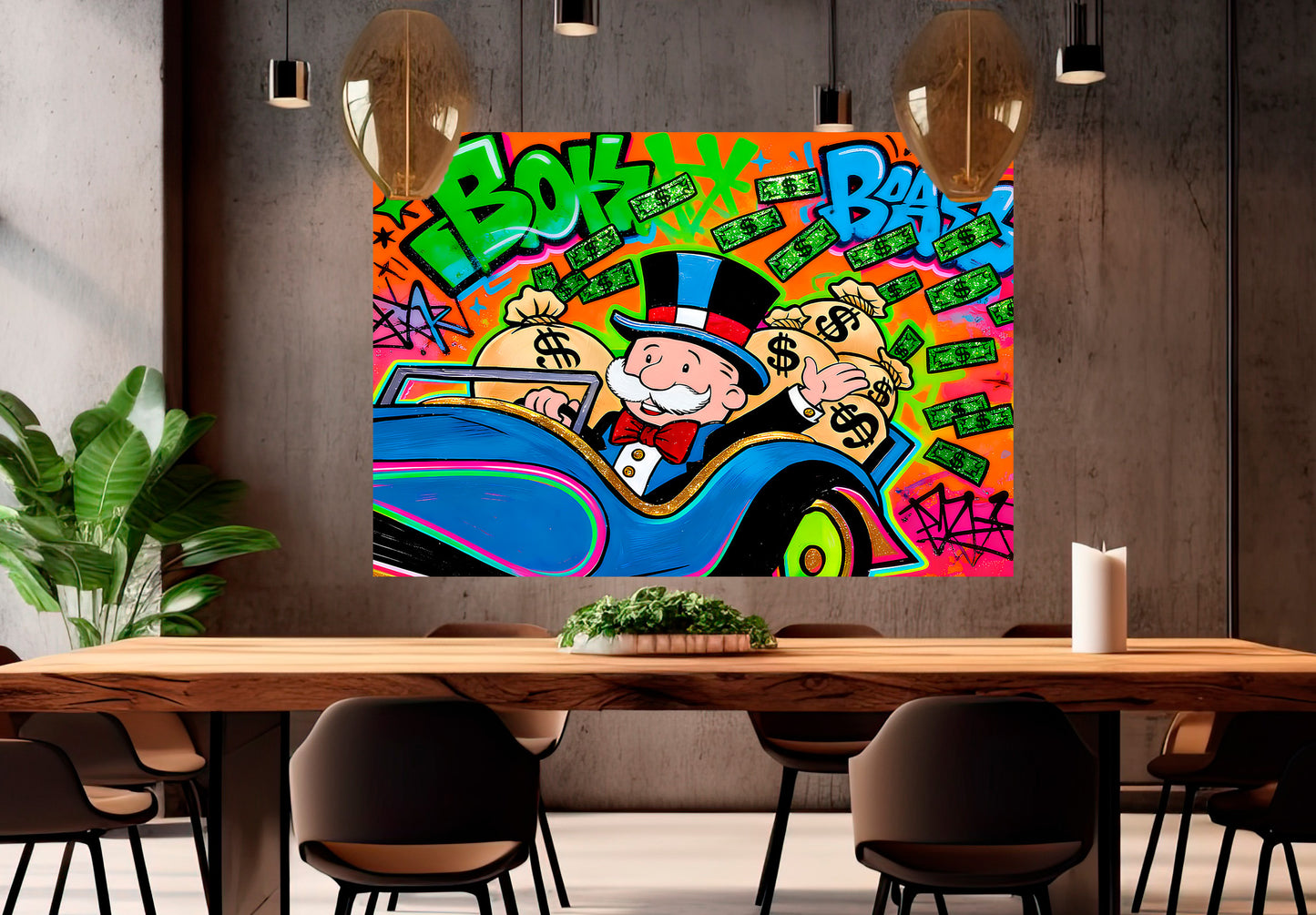 Alec Monopoly Street Canvas Graffiti Money Blue Car Wall Art Luxury Money Wall Art Canvas Wealth & Success Artwork  Modern Office Decor