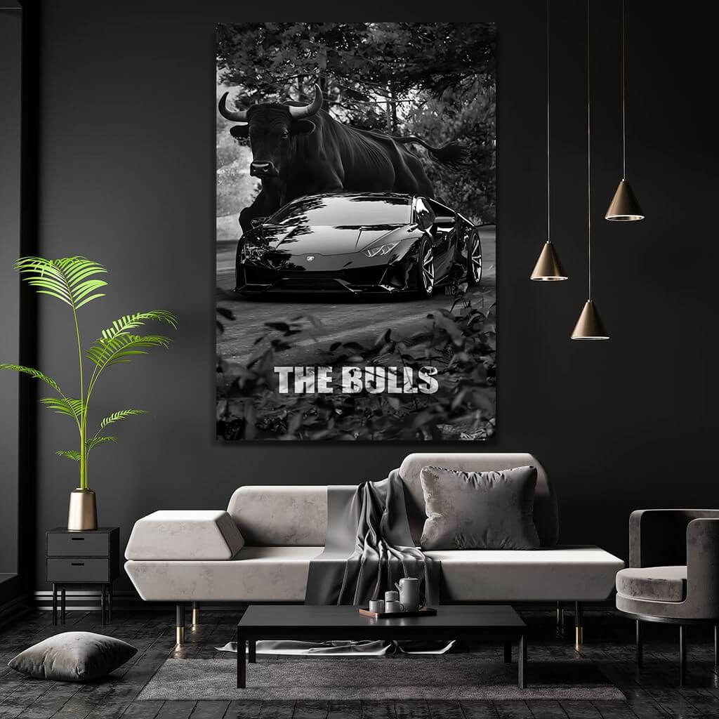 The Bulls motivational inspirational wall art, Lamborghini and the Bull black canvas luxury poster.