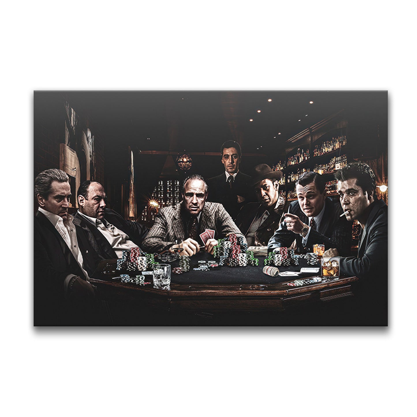 Mafia Poker Night Canvas Wall Art – Gangster Movie Characters Playing Poker Poster, Crime Film Collage Artwork, Luxury Man Cave Bar Lounge Home Theater Decor