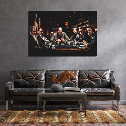 Mafia Poker Night Canvas Wall Art – Gangster Movie Characters Playing Poker Poster, Crime Film Collage Artwork, Luxury Man Cave Bar Lounge Home Theater Decor