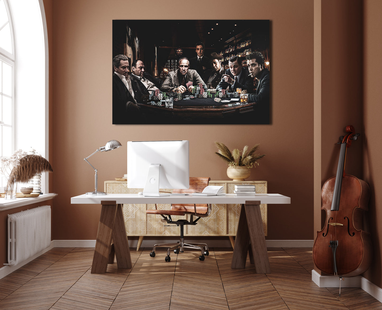 Mafia Poker Night Canvas Wall Art – Gangster Movie Characters Playing Poker Poster, Crime Film Collage Artwork, Luxury Man Cave Bar Lounge Home Theater Decor