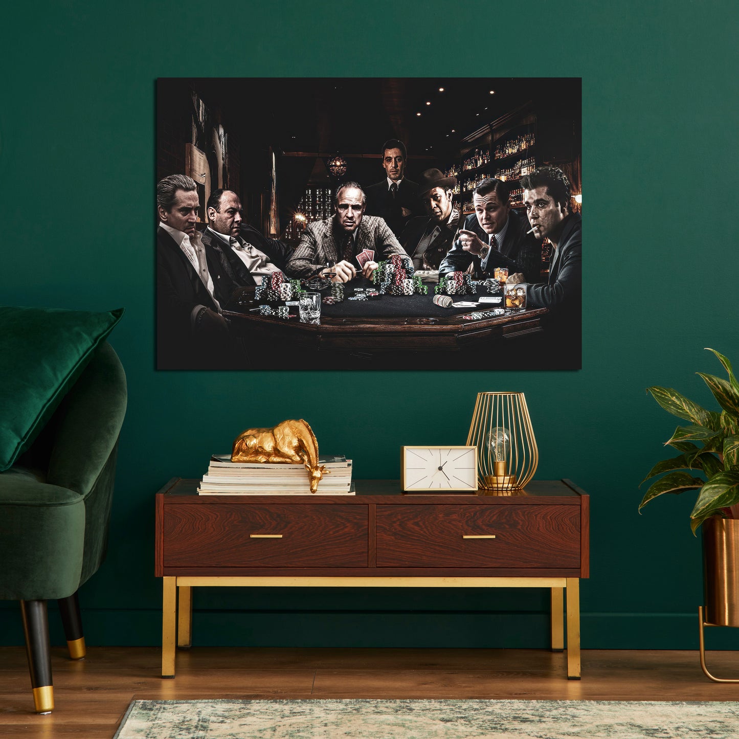Mafia Poker Night Canvas Wall Art – Gangster Movie Characters Playing Poker Poster, Crime Film Collage Artwork, Luxury Man Cave Bar Lounge Home Theater Decor