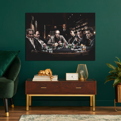 Mafia Poker Night Canvas Wall Art – Gangster Movie Characters Playing Poker Poster, Crime Film Collage Artwork, Luxury Man Cave Bar Lounge Home Theater Decor