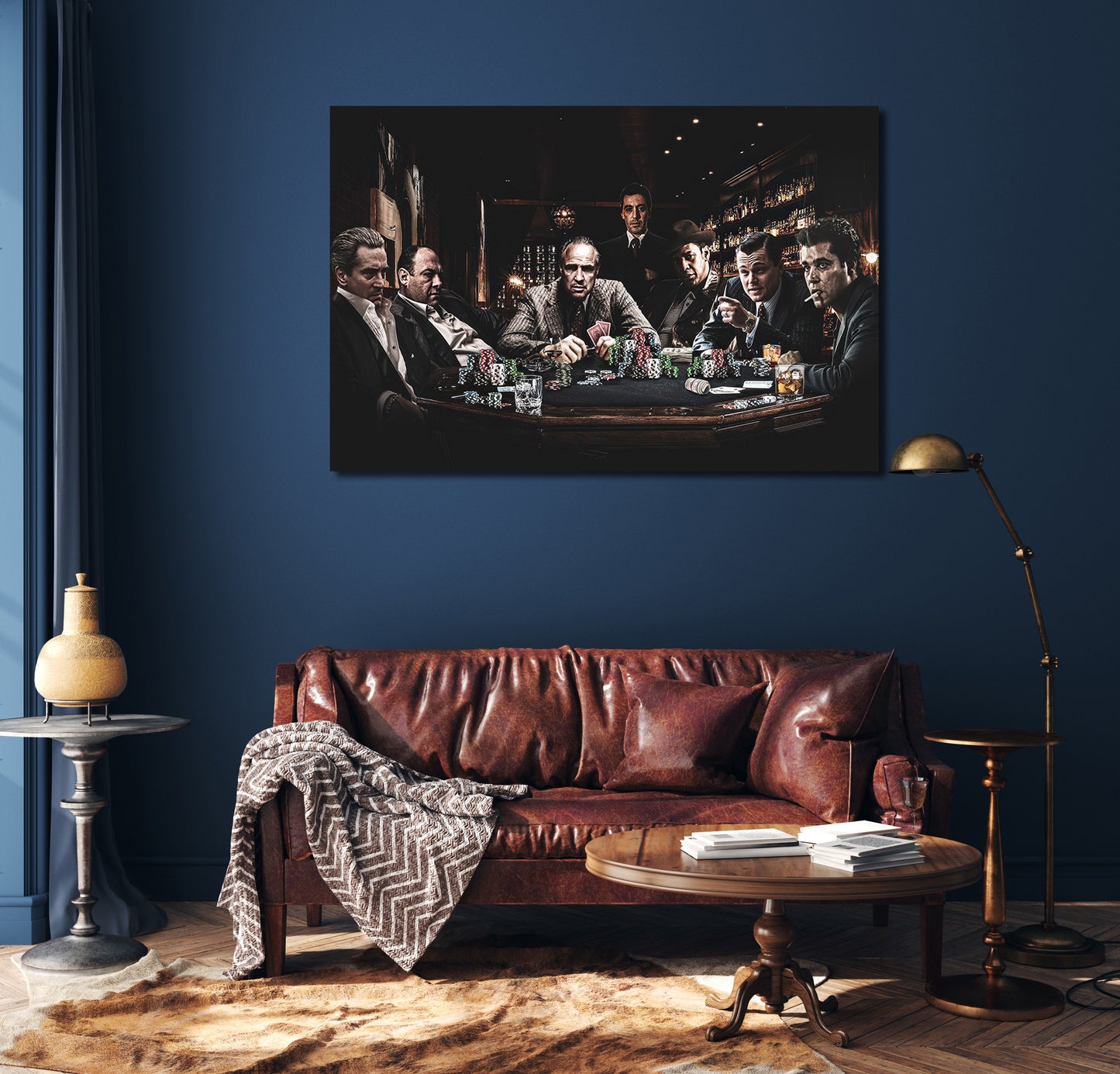 Mafia Poker Night Canvas Wall Art – Gangster Movie Characters Playing Poker Poster, Crime Film Collage Artwork, Luxury Man Cave Bar Lounge Home Theater Decor