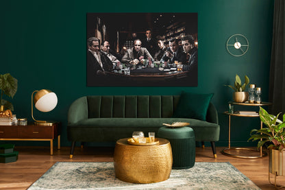 Mafia Poker Night Canvas Wall Art – Gangster Movie Characters Playing Poker Poster, Crime Film Collage Artwork, Luxury Man Cave Bar Lounge Home Theater Decor
