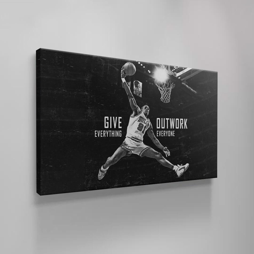 Dennis Rodman "Give Everything Outwork Everyone" Motivational Basketball Poster - NBA Superstar Inspirational Canvas Acrylic Wall Art Print, Sports Room Gym Office Dorm Decor