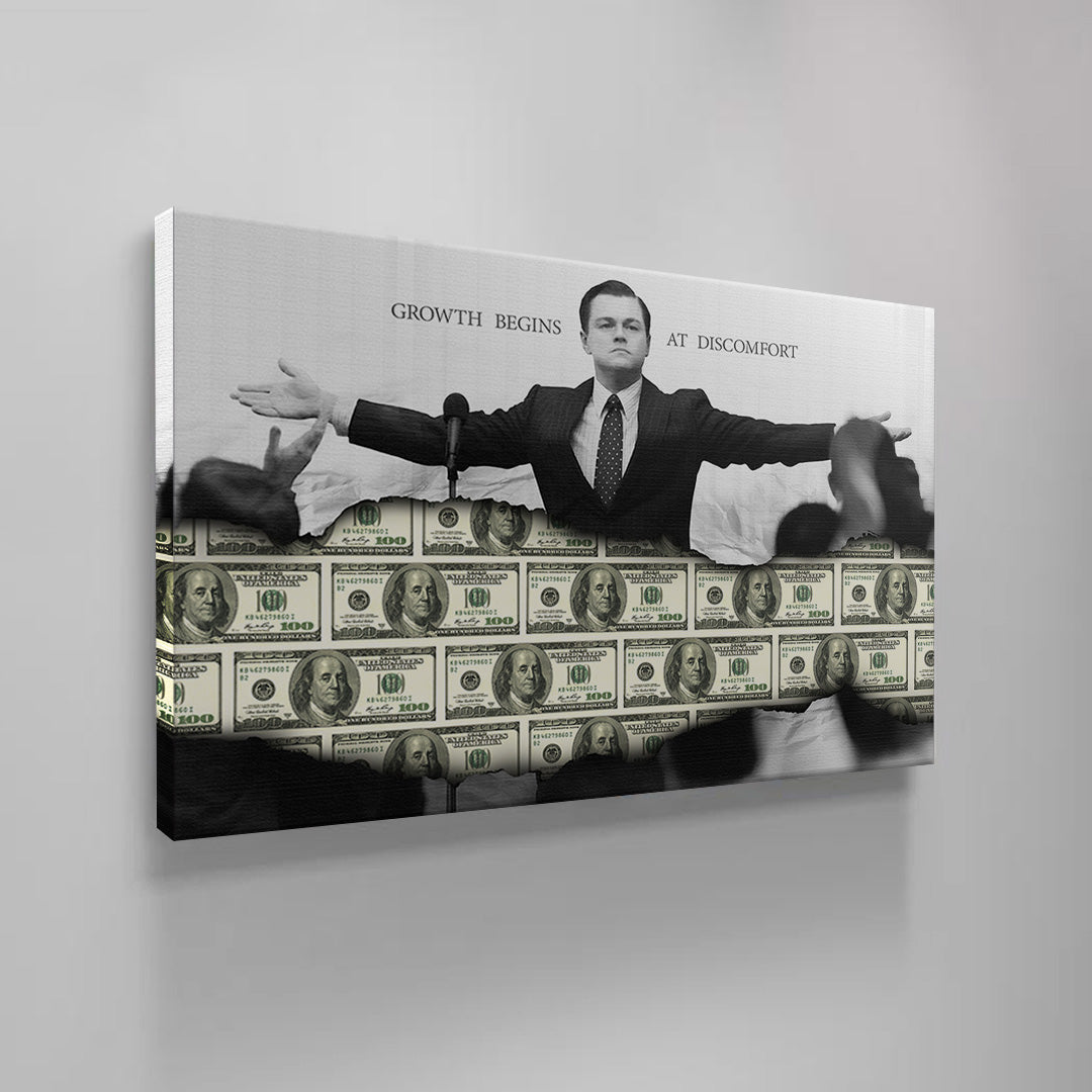 "The Wolf of Wall Street" Grow Money Out Of Comfort Zone Motivational Canvas Print - Iconic Movie Entrepreneur Inspirational Wall Art Poster, Jordan Belfort Decor for Home Office Gym Dorm Man Cave