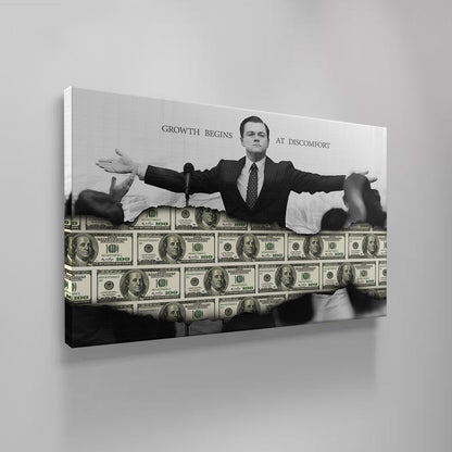 "The Wolf of Wall Street" Grow Money Out Of Comfort Zone Motivational Canvas Print - Iconic Movie Entrepreneur Inspirational Wall Art Poster, Jordan Belfort Decor for Home Office Gym Dorm Man Cave