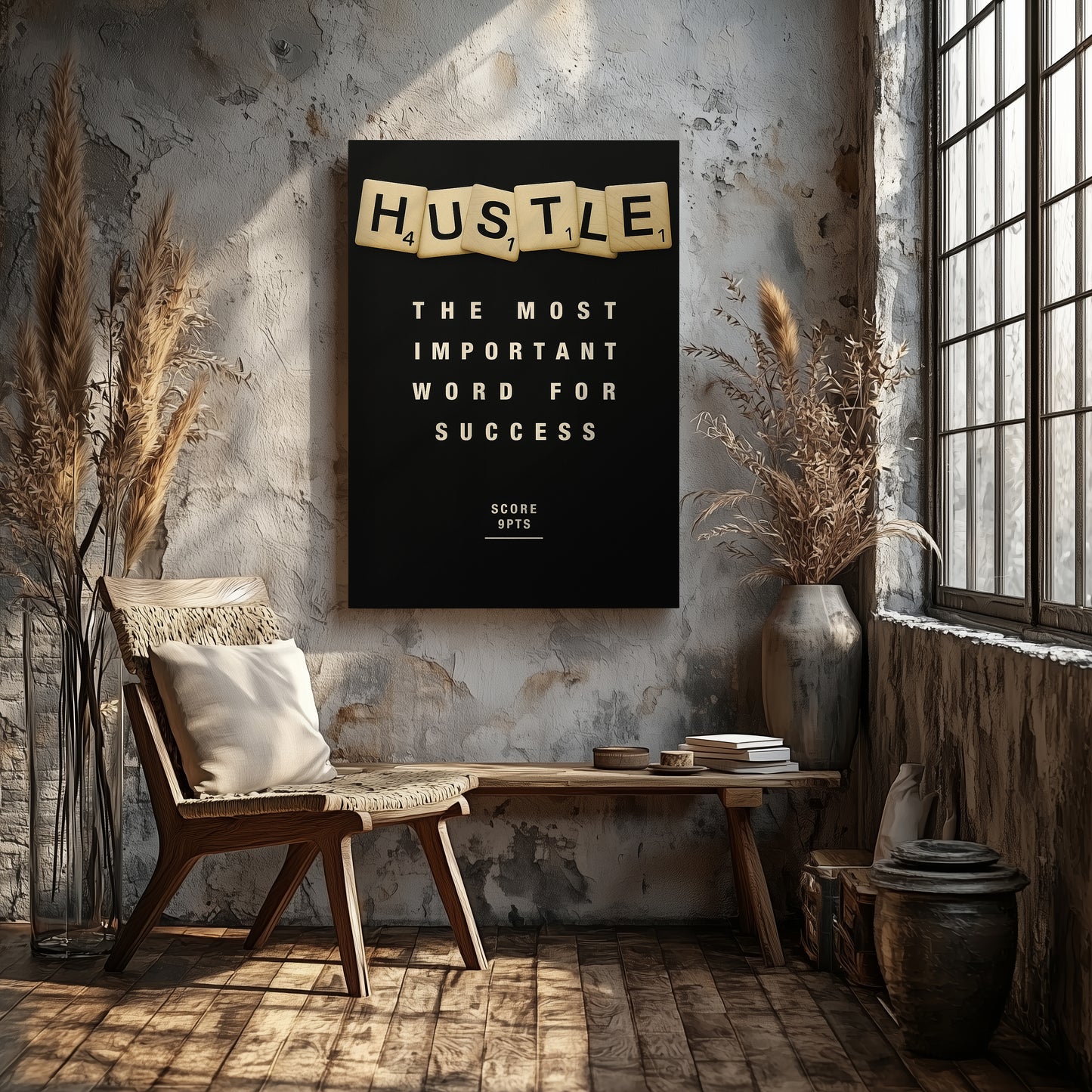Hustle Scrabble Canvas Wall Art – Motivational Hustle Quote Poster, Entrepreneur Mindset Wall Decor, Inspirational Office Canvas for Business, Gym, Workspace