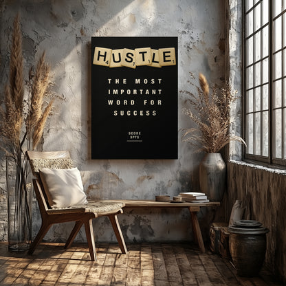 Hustle Scrabble Canvas Wall Art – Motivational Hustle Quote Poster, Entrepreneur Mindset Wall Decor, Inspirational Office Canvas for Business, Gym, Workspace