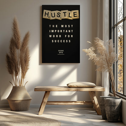 Hustle Scrabble Canvas Wall Art – Motivational Hustle Quote Poster, Entrepreneur Mindset Wall Decor, Inspirational Office Canvas for Business, Gym, Workspace