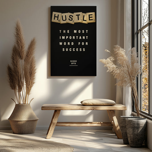 Hustle Scrabble Canvas Wall Art – Motivational Hustle Quote Poster, Entrepreneur Mindset Wall Decor, Inspirational Office Canvas for Business, Gym, Workspace