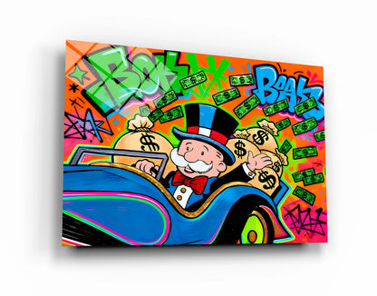Alec Monopoly Street Canvas Graffiti Money Blue Car Wall Art Luxury Money Wall Art Canvas Wealth & Success Artwork  Modern Office Decor