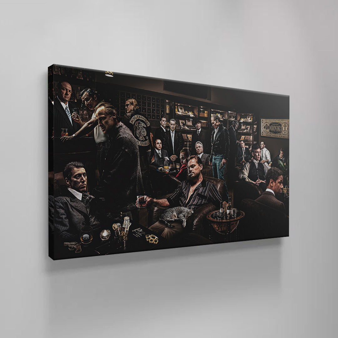 Mafia Legends Canvas Wall Art – Iconic Gangster Movie Characters Poster, Classic Crime Film Collage Artwork, Luxury Man Cave Home Theater Office Wall Decor