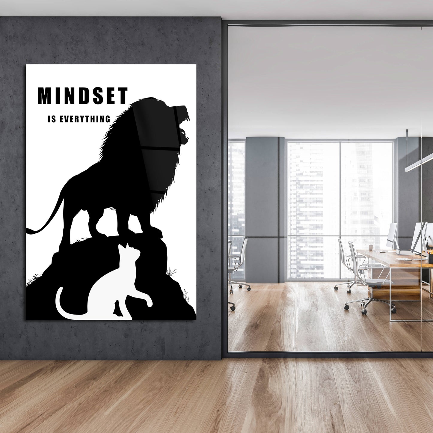 Mindset Is Everything Canvas Black Lion and White Cat Face to Face Motivational Inspirational Office Poster Entrepreneur Room Decor