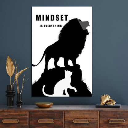 Mindset Is Everything Canvas Black Lion and White Cat Face to Face Motivational Inspirational Office Poster Entrepreneur Room Decor