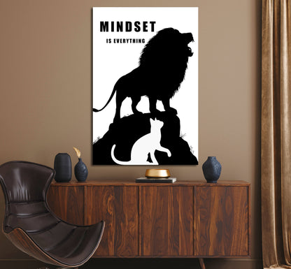 Mindset Is Everything Canvas Black Lion and White Cat Face to Face Motivational Inspirational Office Poster Entrepreneur Room Decor