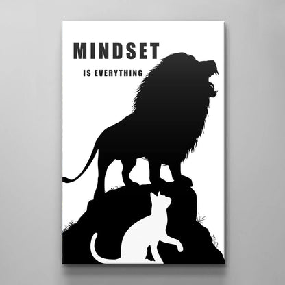 Mindset Is Everything Canvas Black Lion and White Cat Face to Face Motivational Inspirational Office Poster Entrepreneur Room Decor