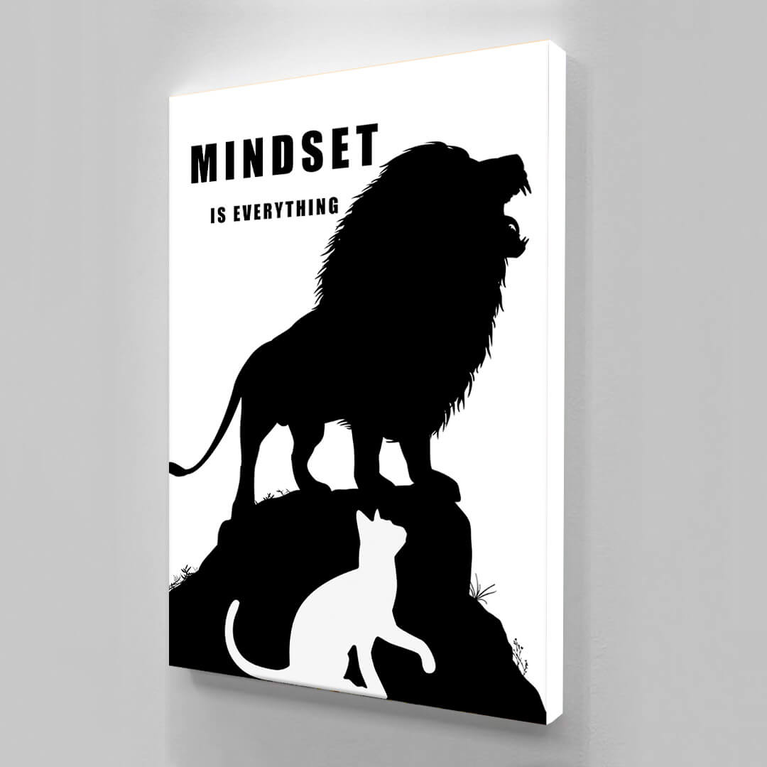 Mindset Is Everything Canvas Black Lion and White Cat Face to Face Motivational Inspirational Office Poster Entrepreneur Room Decor