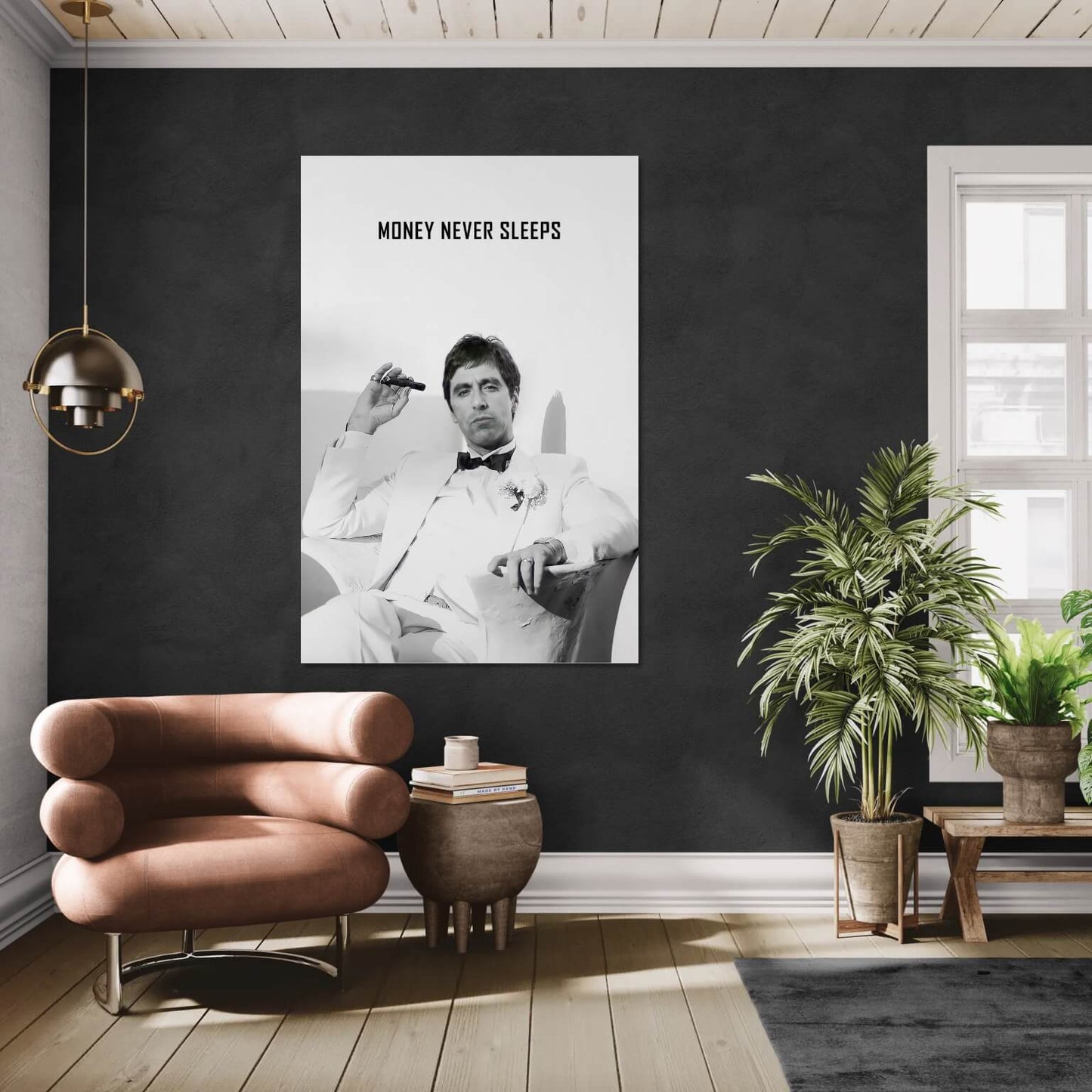 "Money Never Sleeps" Tony Montana Scarface Motivational Poster - Inspirational Gangster Canvas Acrylic Wall Art Print, Al Pacino Movie Decor for Home Office Gym Dorm
