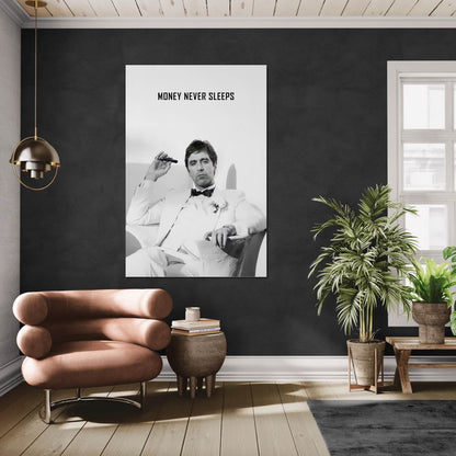 "Money Never Sleeps" Tony Montana Scarface Motivational Poster - Inspirational Gangster Canvas Acrylic Wall Art Print, Al Pacino Movie Decor for Home Office Gym Dorm