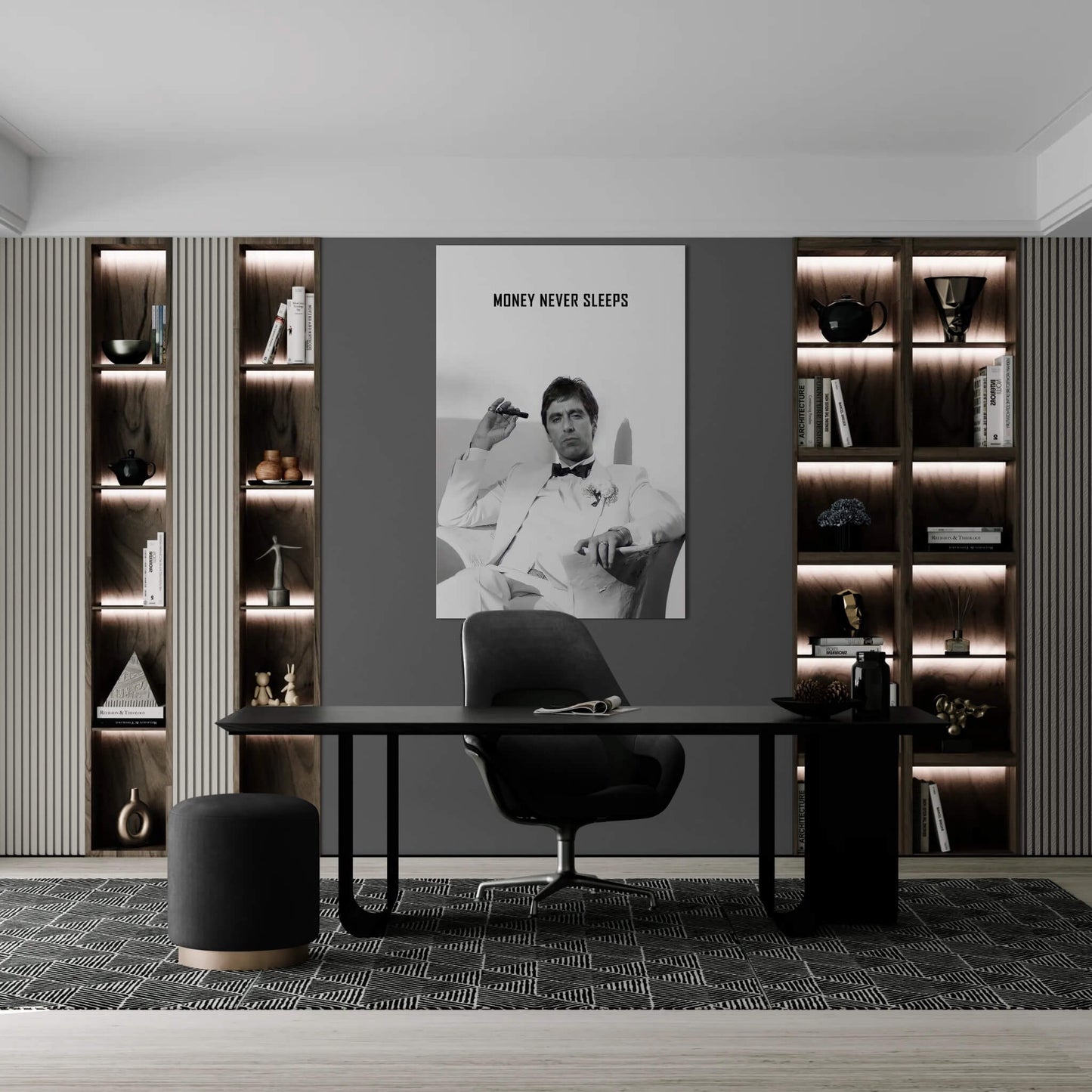 "Money Never Sleeps" Tony Montana Scarface Motivational Poster - Inspirational Gangster Canvas Acrylic Wall Art Print, Al Pacino Movie Decor for Home Office Gym Dorm