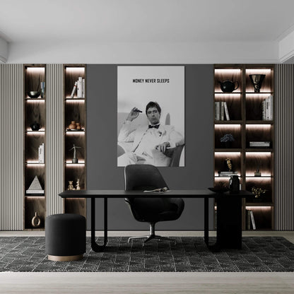 "Money Never Sleeps" Tony Montana Scarface Motivational Poster - Inspirational Gangster Canvas Acrylic Wall Art Print, Al Pacino Movie Decor for Home Office Gym Dorm