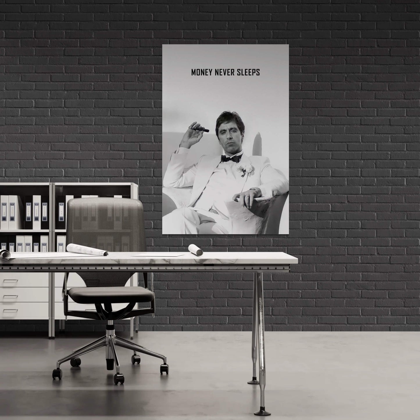 "Money Never Sleeps" Tony Montana Scarface Motivational Poster - Inspirational Gangster Canvas Acrylic Wall Art Print, Al Pacino Movie Decor for Home Office Gym Dorm