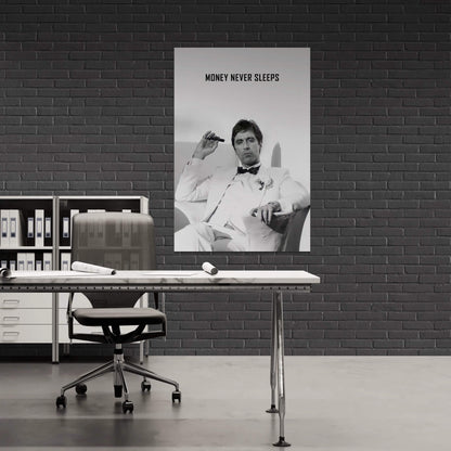 "Money Never Sleeps" Tony Montana Scarface Motivational Poster - Inspirational Gangster Canvas Acrylic Wall Art Print, Al Pacino Movie Decor for Home Office Gym Dorm