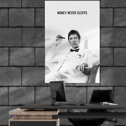"Money Never Sleeps" Tony Montana Scarface Motivational Poster - Inspirational Gangster Canvas Acrylic Wall Art Print, Al Pacino Movie Decor for Home Office Gym Dorm