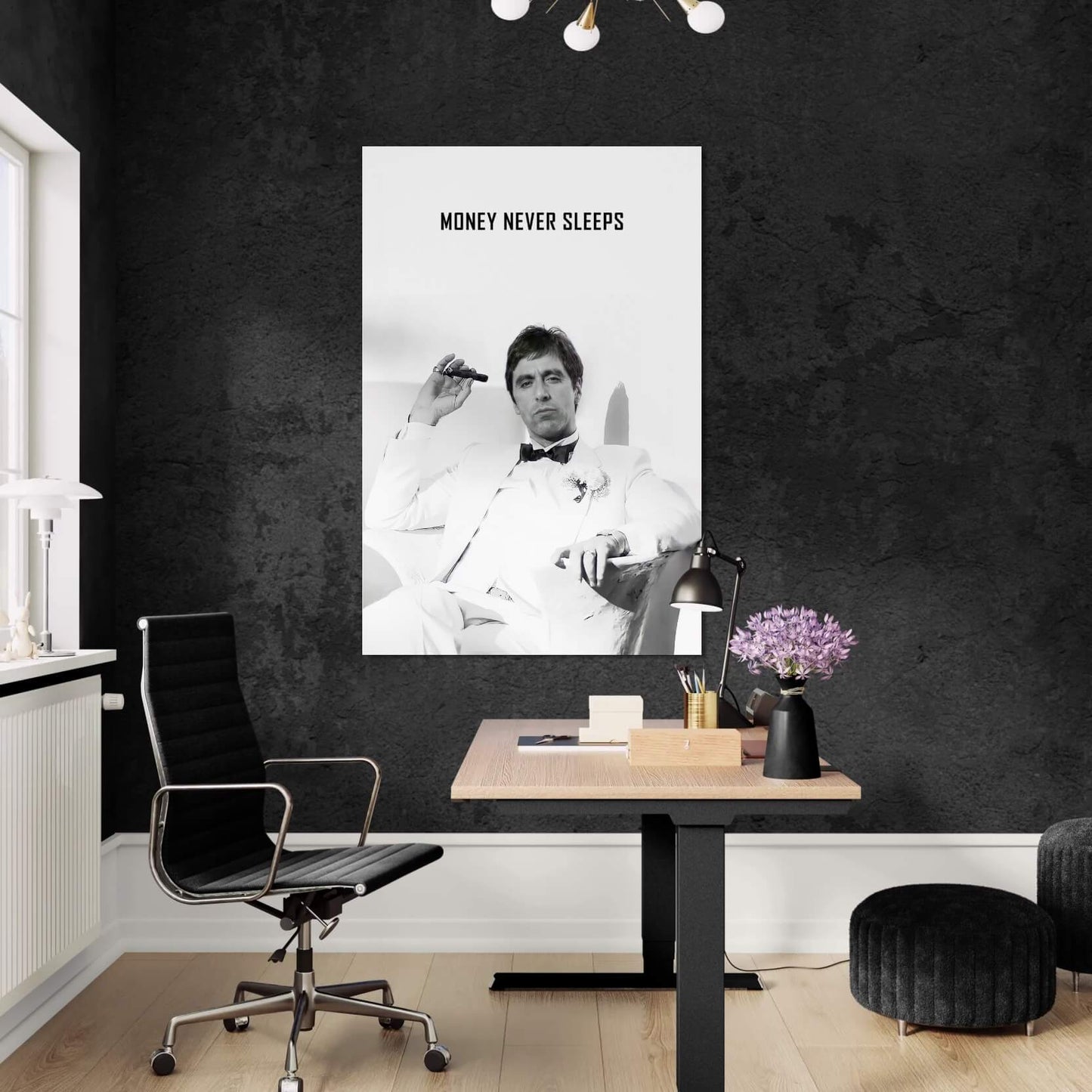 "Money Never Sleeps" Tony Montana Scarface Motivational Poster - Inspirational Gangster Canvas Acrylic Wall Art Print, Al Pacino Movie Decor for Home Office Gym Dorm
