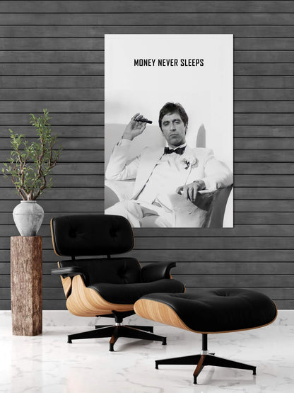 "Money Never Sleeps" Tony Montana Scarface Motivational Poster - Inspirational Gangster Canvas Acrylic Wall Art Print, Al Pacino Movie Decor for Home Office Gym Dorm
