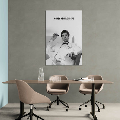 "Money Never Sleeps" Tony Montana Scarface Motivational Poster - Inspirational Gangster Canvas Acrylic Wall Art Print, Al Pacino Movie Decor for Home Office Gym Dorm