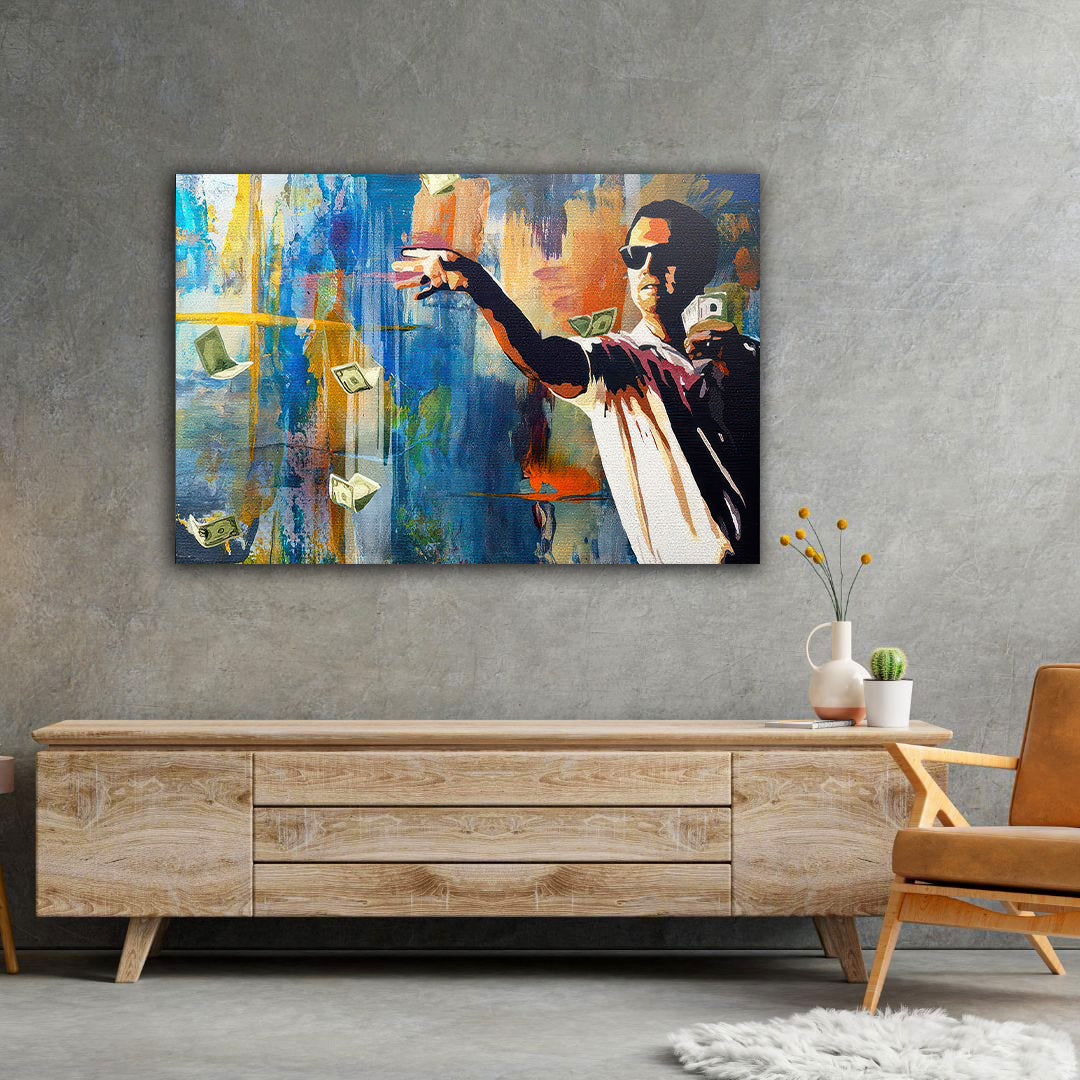 "The Wolf of Wall Street" Leonardo DiCaprio throwing Money Motivational Canvas Print - Iconic Movie Entrepreneur Inspirational Wall Art Poster, Jordan Belfort Decor for Home Office Gym Dorm Man Cave