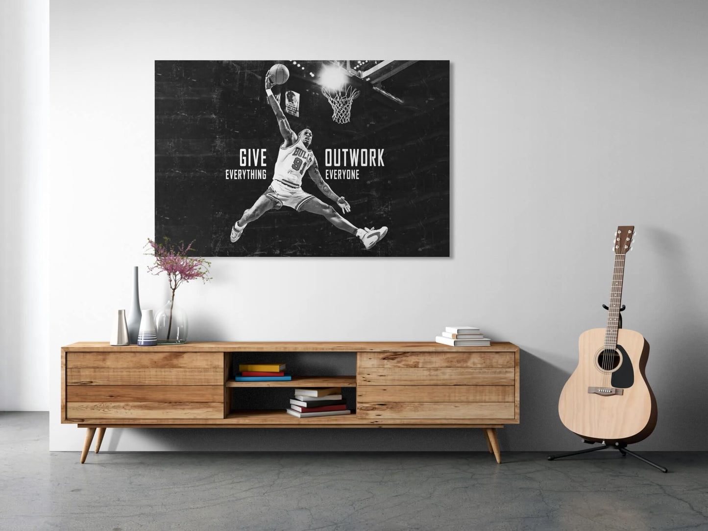 Dennis Rodman "Give Everything Outwork Everyone" Motivational Basketball Poster - NBA Superstar Inspirational Canvas Acrylic Wall Art Print, Sports Room Gym Office Dorm Decor